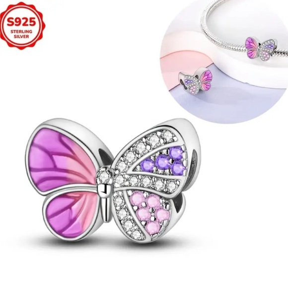 925 Sterling Silver Purple & Pink Cubic Zirconia Butterfly Charm/Pendant - NWT - Picture 3 of 5